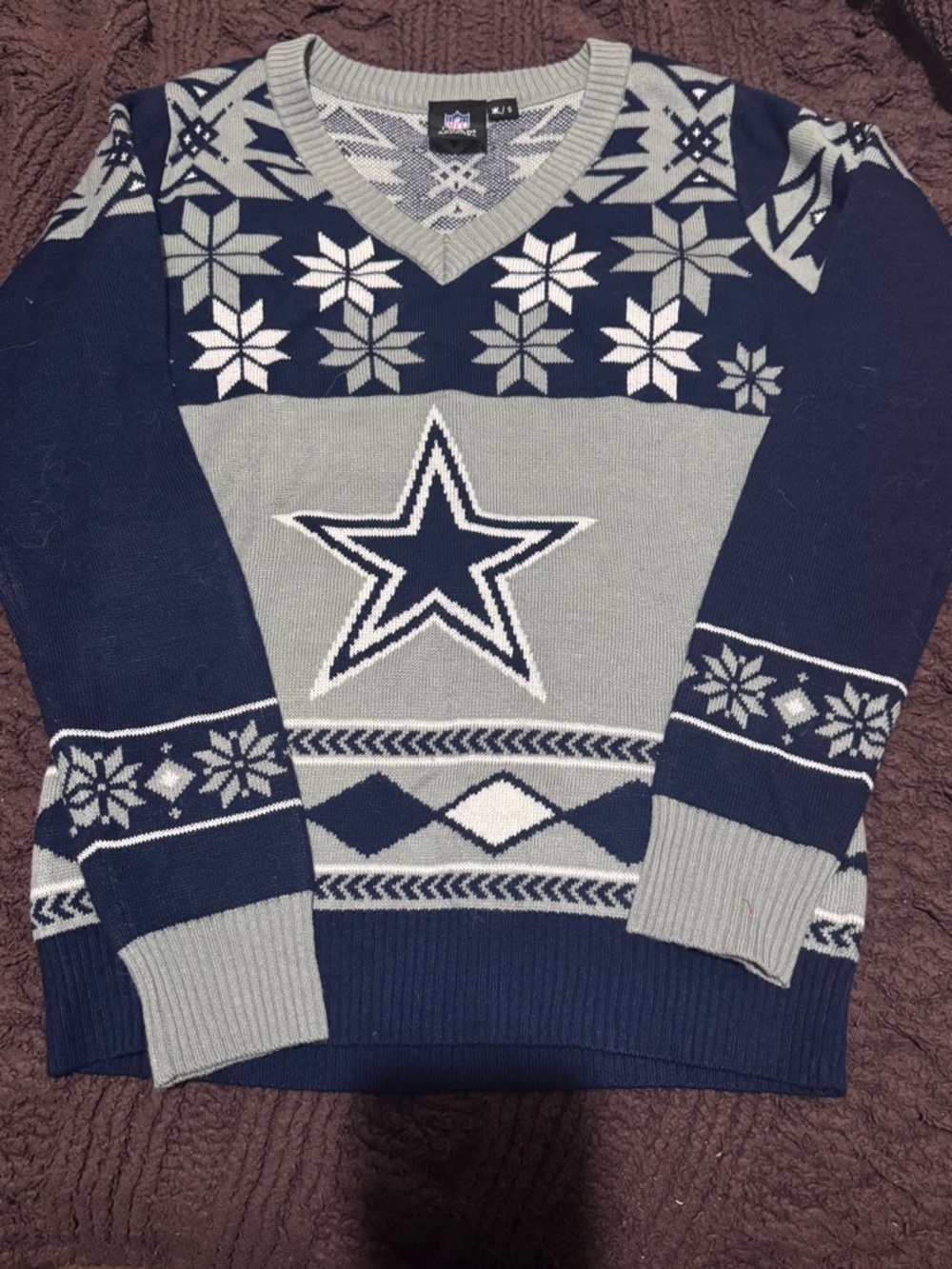 NFL Navy and Gray Star Knit V-Neck Sweater